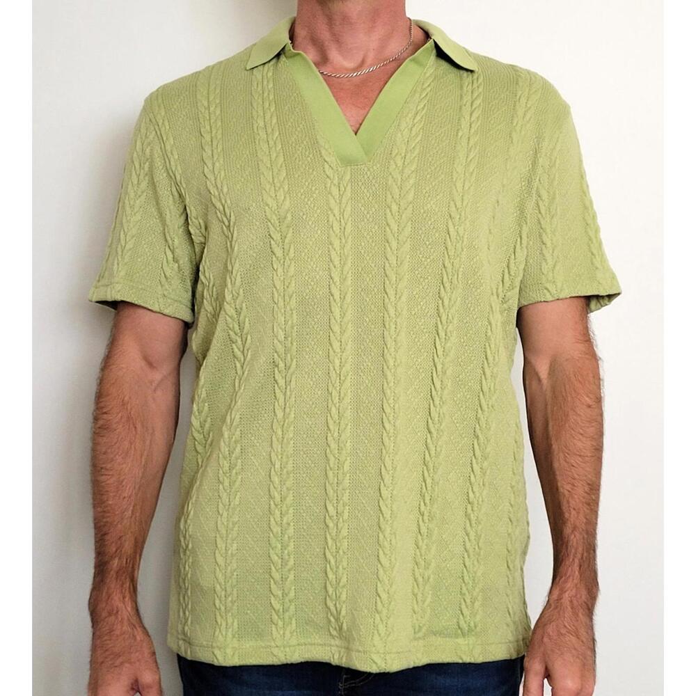 DE-NIKO Men's Large Knit Polo Shirt Green Textured - NEW